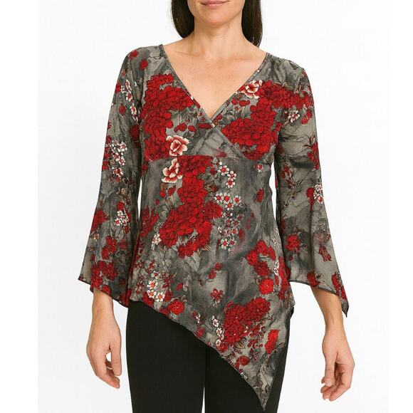 V Generation top blouse stretch gray maroon asymmetrical hem trumpet sleeve SZ S - Picture 1 of 8